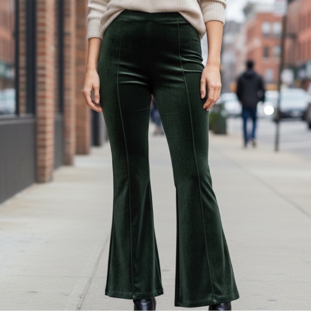 LoveU.Dear Velvet Wide Leg High Waisted Pants Hunter Green SZ S Holiday festive